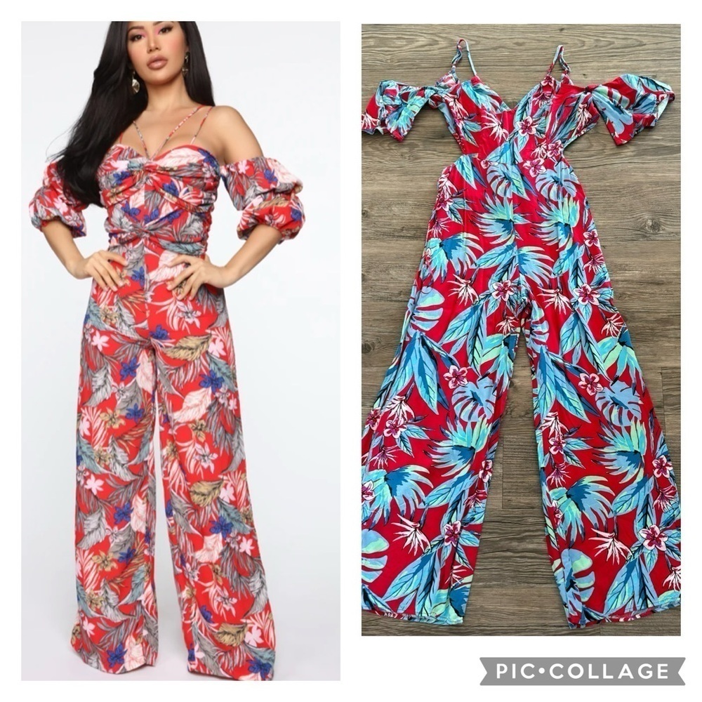 Fashion Nova Tropical Cold Shoulder Tie Back Jumpsuit Medium